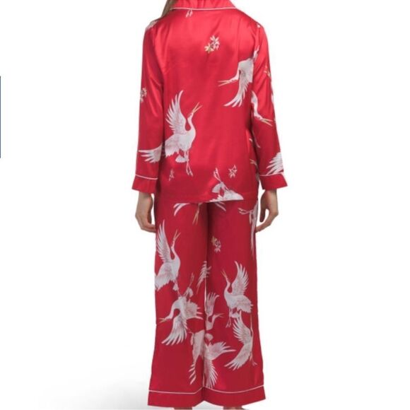 DALIA MACPHEE M & L Red White Satin Ibis Bird Print Long Sleeve Long Pant PJ Set - Picture 2 of 16